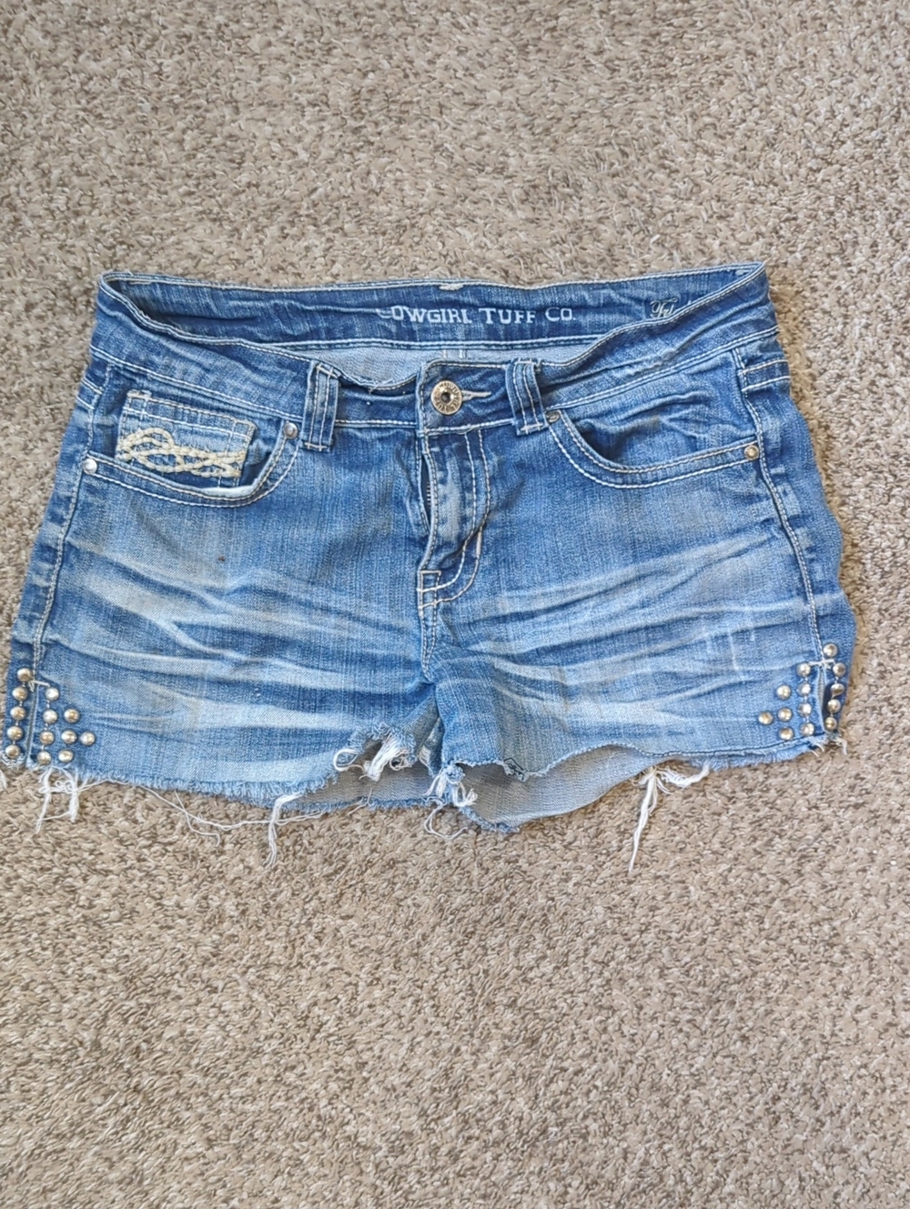 Cowgirl Tuff Light Blue Distressed Denim Shorts with Stud Accents